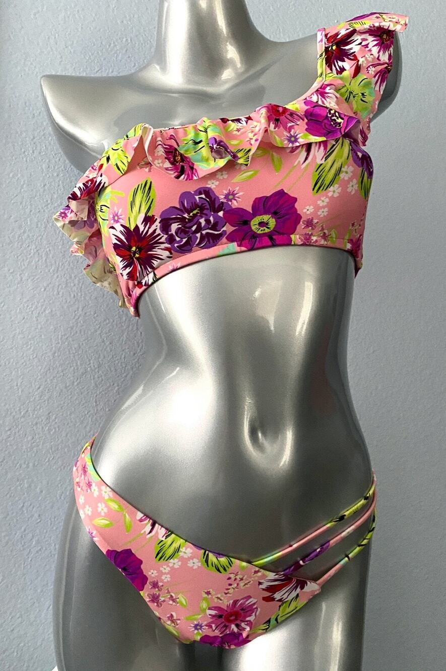 Victoria's Secret New Pink Floral One Shoulder Top V Strappy Bikini Bottom Set